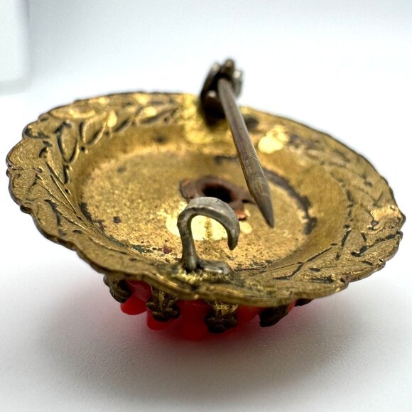 Coral Celluloid Brass Brooch Pin Floral Design Estate Antique Victorian Carved - Picture 7 of 7